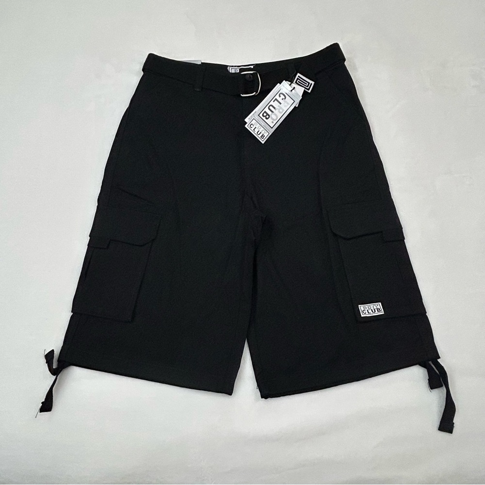 Pro Club Cotton Twill All Black Below Knee Thick Cargo Shorts w/ Belt Men’s